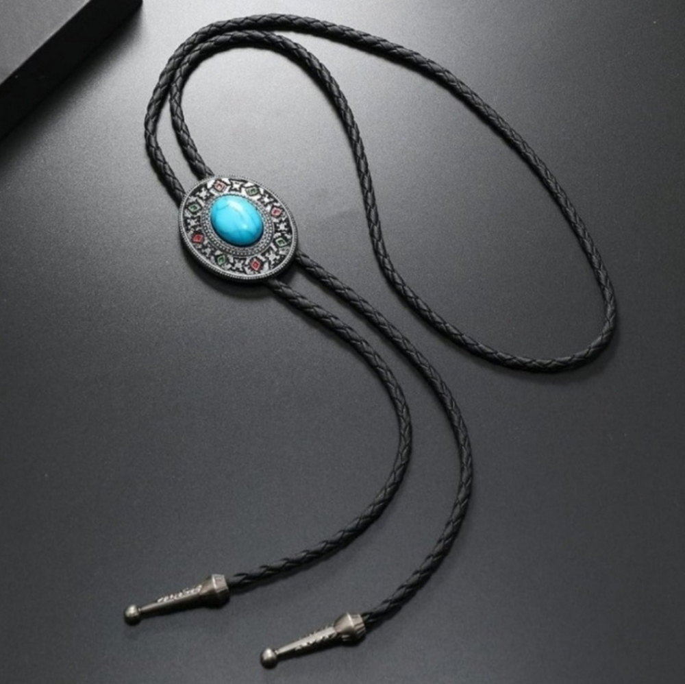 Western Turquoise and Silver Bolo Tie Necklace Gift Accessories Southwestern